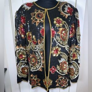 Vintage 100% Silk SCALA  Black and Gold Sequin Women's Jacket